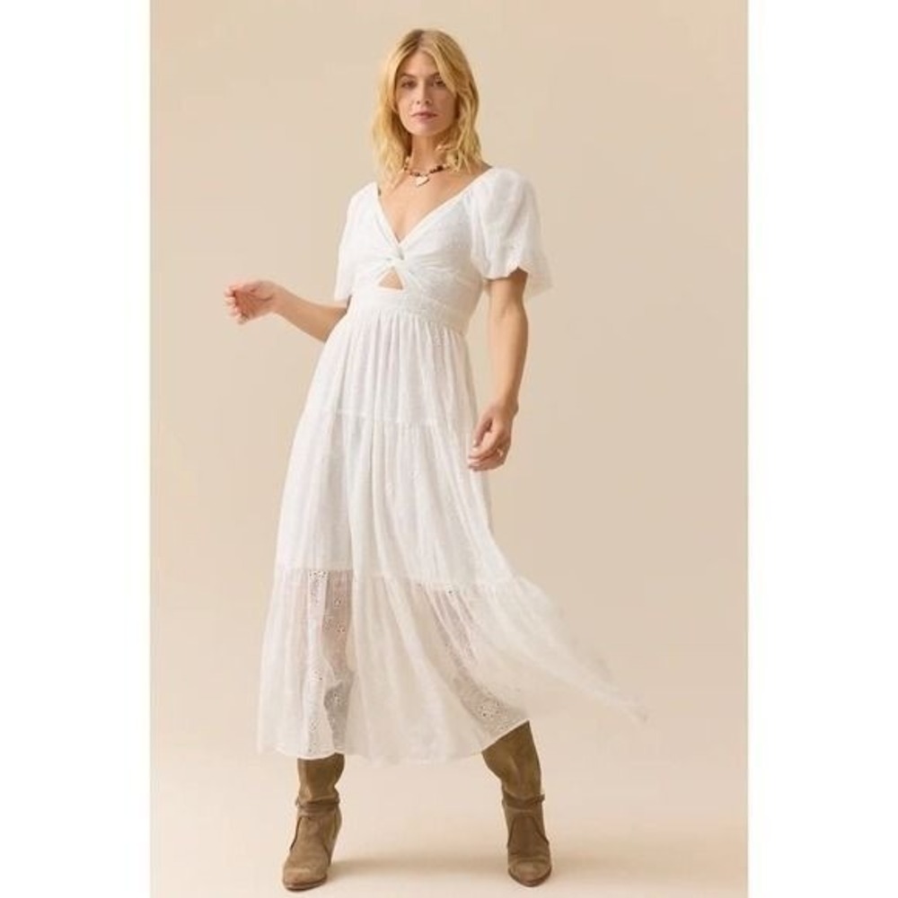 Altar'd State White Eyelet Lace Maxi Dress Twist Front Cutout Size XS